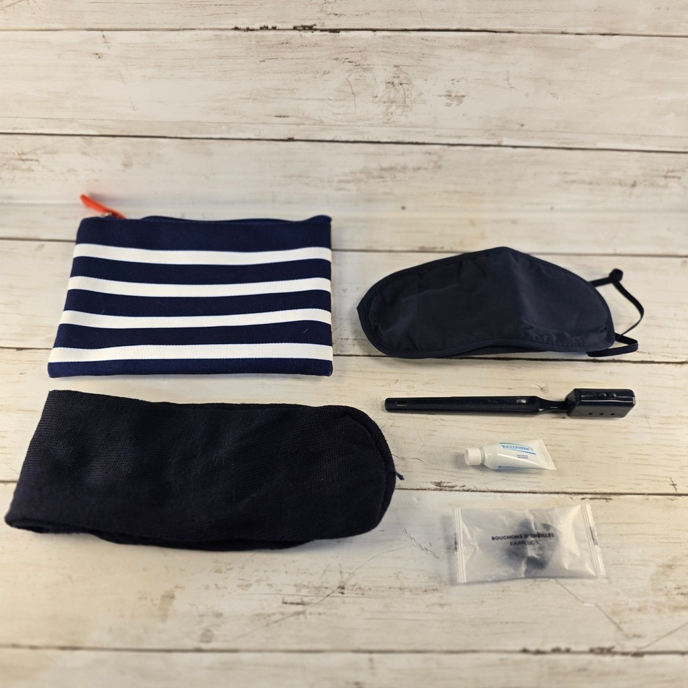Air France Business Class Amenity Kit Navy White Stripe Pouch Socks Eye Mask New